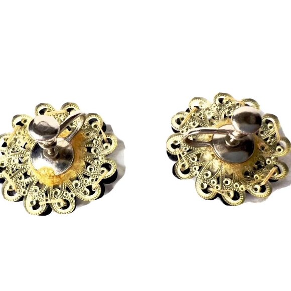 Vintage Black White Beaded Sequin Screw Back Earrings - Picture 4 of 5